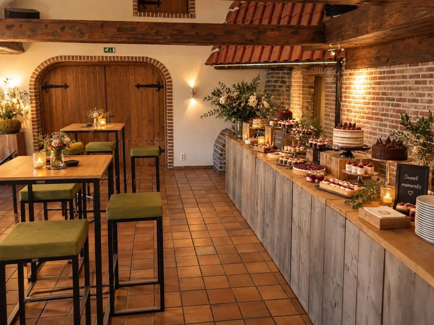 Zaal van Lage Vuurse met dessertbuffet, statafels en groene barkrukken