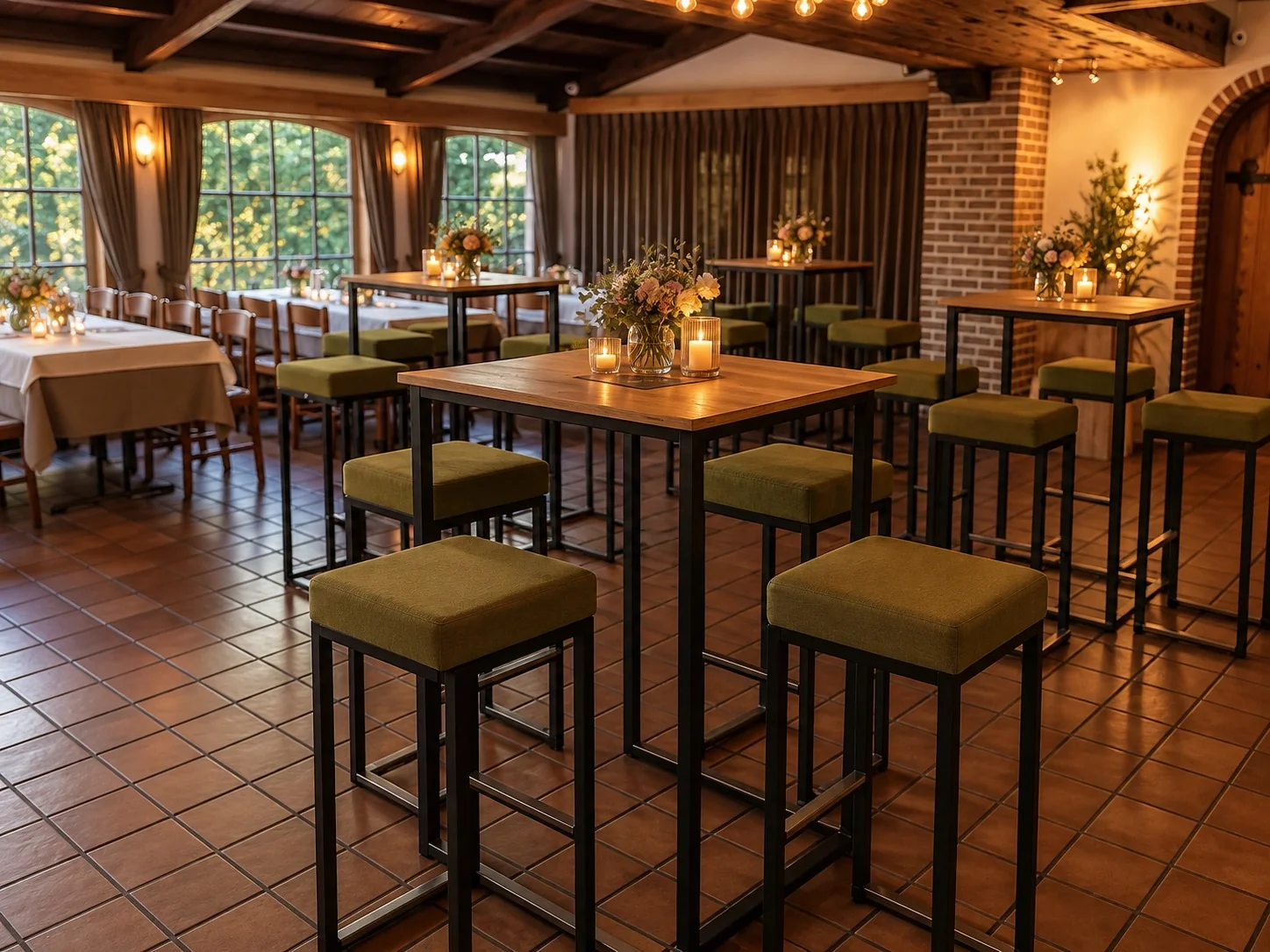 Zaal van Lage Vuurse met houten statafels, groene barkrukken en bloemendecoratie