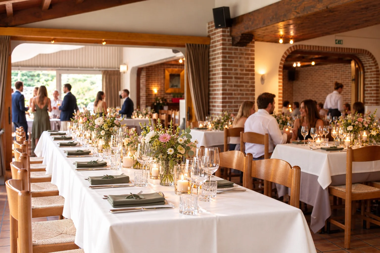Feestzaal van Lage Vuurse met gedekte tafels, bloemen, houten balken en gasten