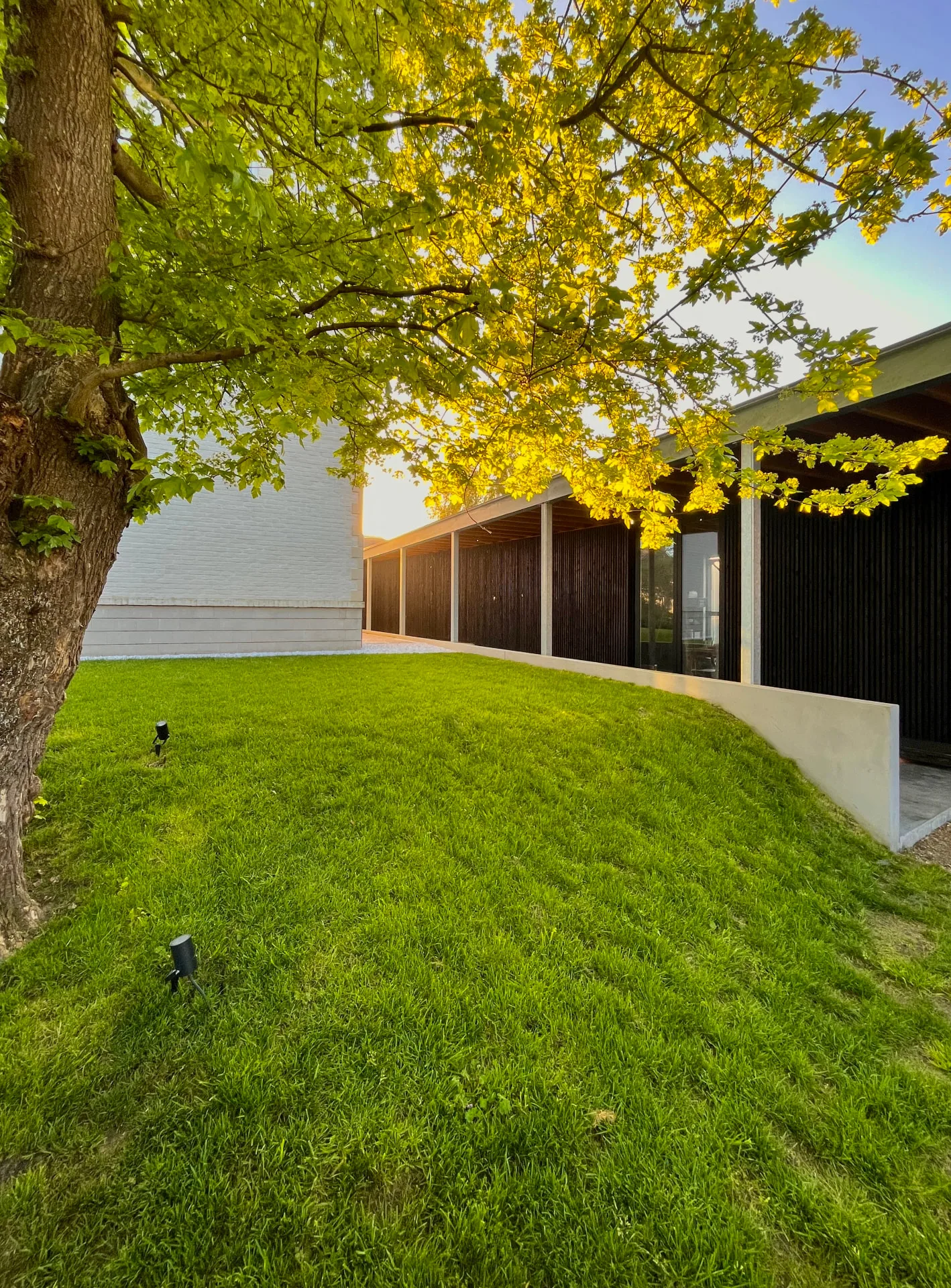 Tuin van Pastorie Leke met grasveld, grote boom en moderne overdekte aanbouw