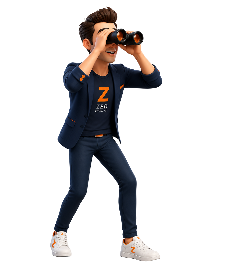 Justin die met een verrekijker op zoek gaat naar events